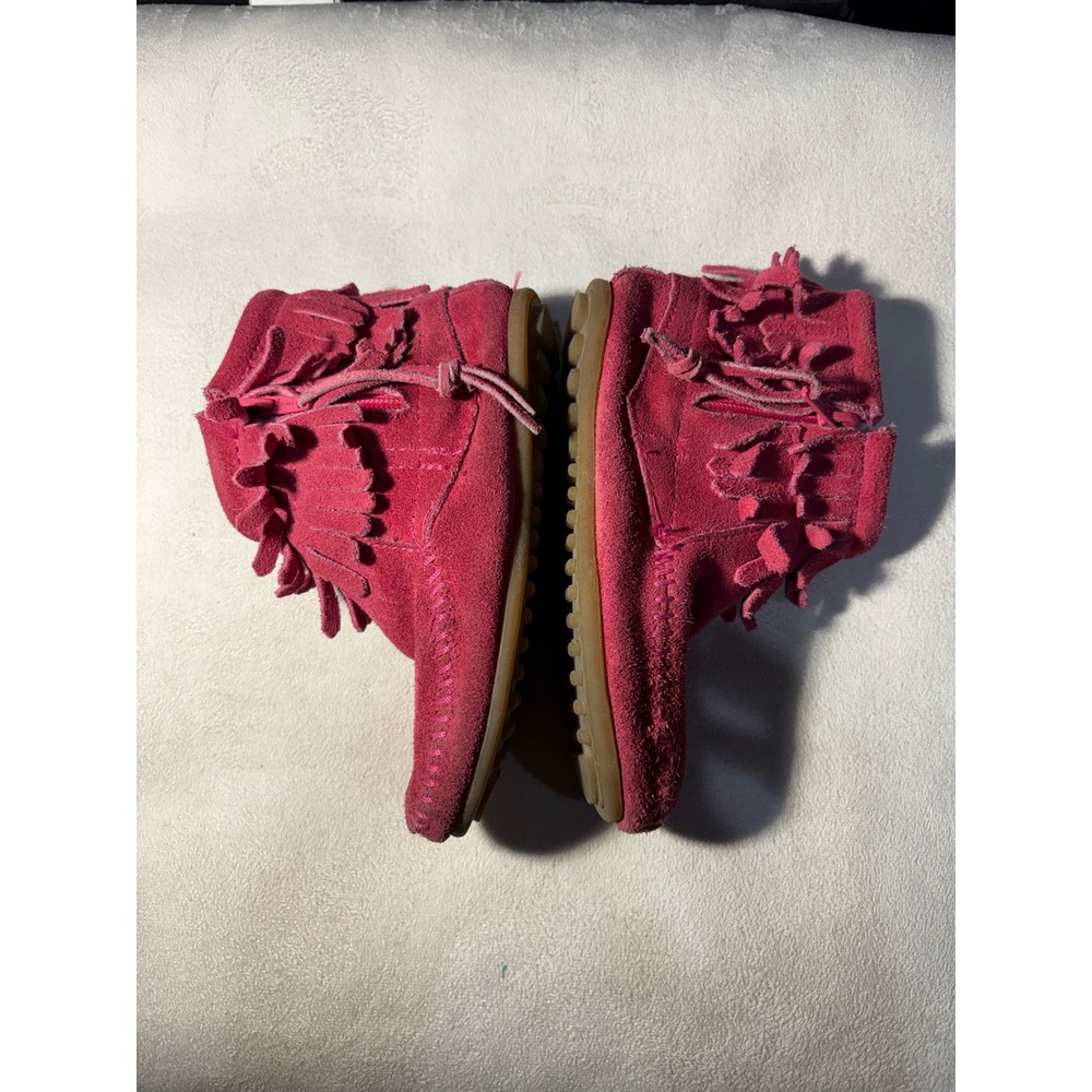 Minnetonka Ankle Boot Girls 11 Pink Suede Fringe Moccasin Side Zip 2295